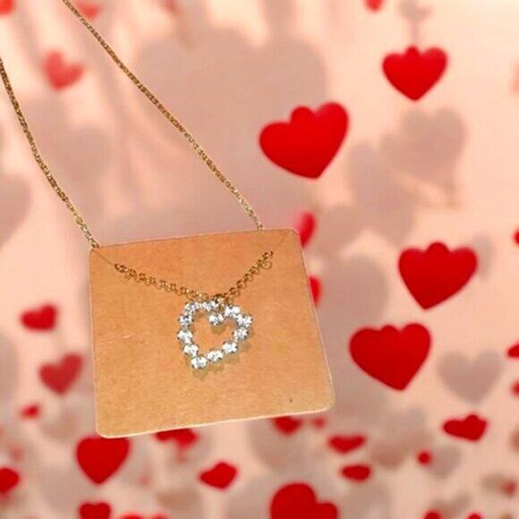 Necklace Gold Plated Chain w Heart Pendent Simulated Diamonds 10" hang length - Picture 5 of 13